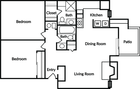 Floor plan for 2 beds, 2 baths, 1100 sqft